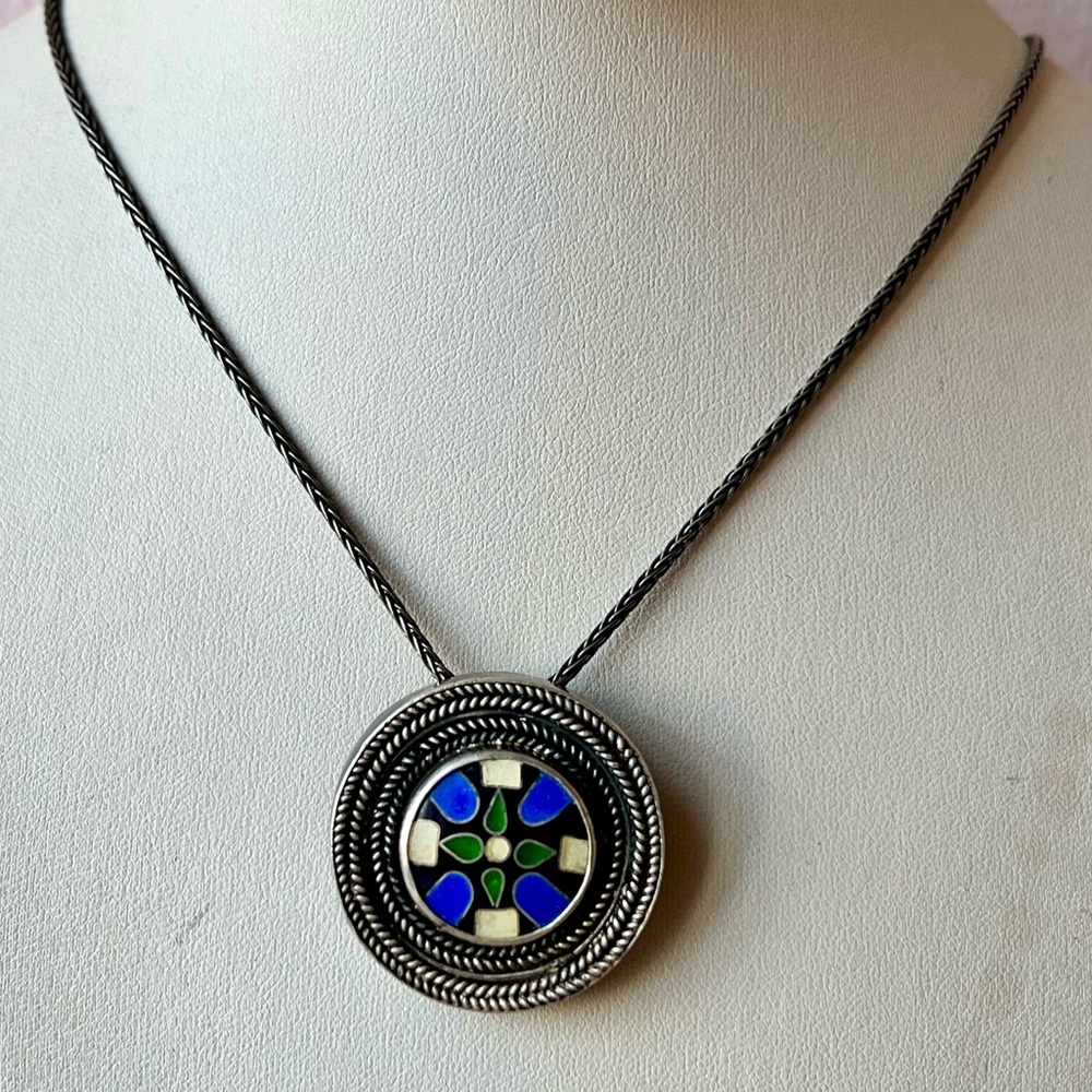 VINTAGE 925 STERLING ARTISAN PENDANT CHAI NECKLACE GEMSTONES INLAID PIN BROOCH - Picture 4 of 16